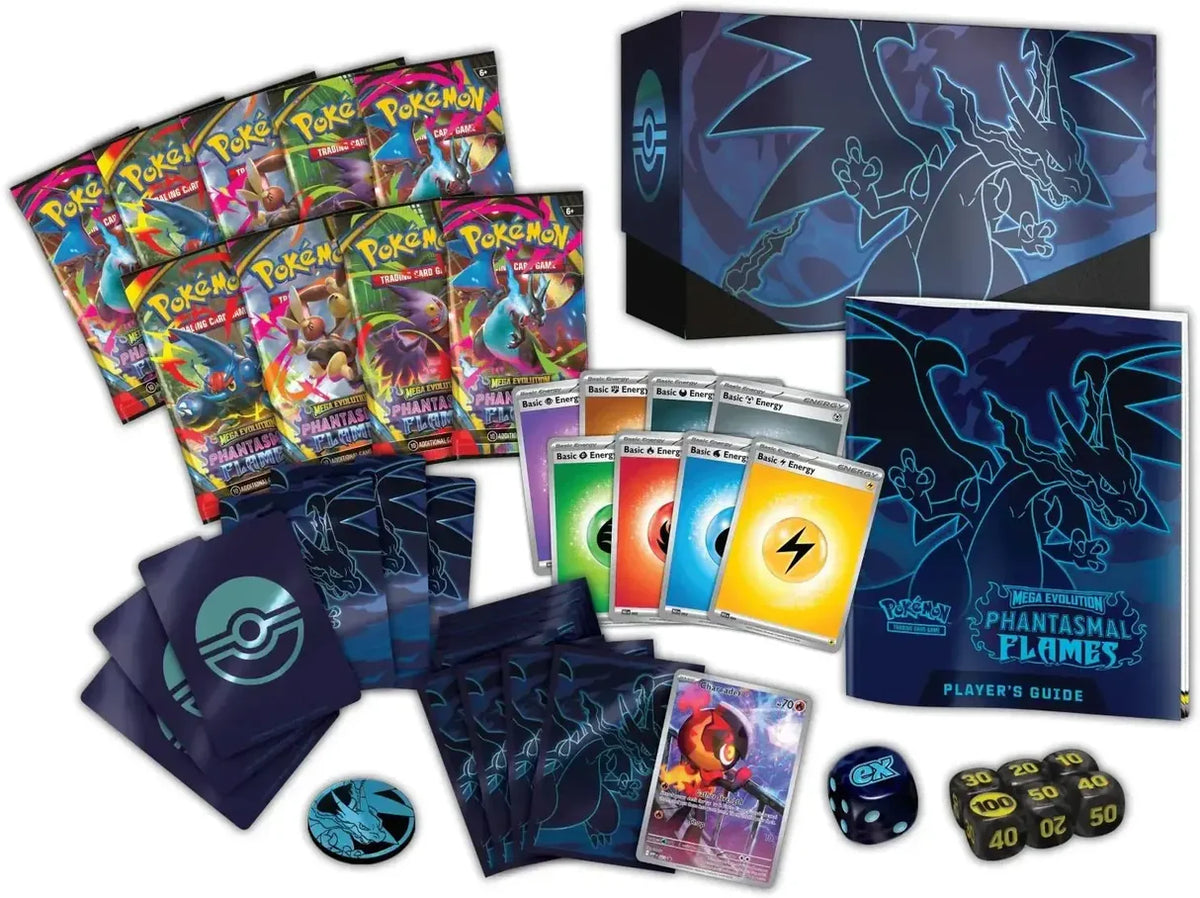 Set zur Pokémon Elite-Trainer-Box „Phantasmal Flames“: Karten, Spielerhandbuch, Zubehör