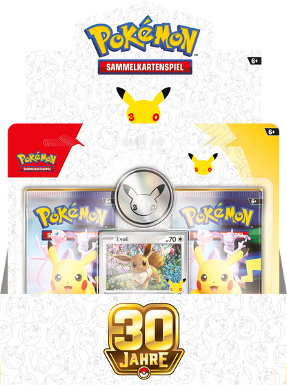Pokémon 30-Jahre 2er-Blister mit geöffnetem Kartenfenster und Evoli-Motiv