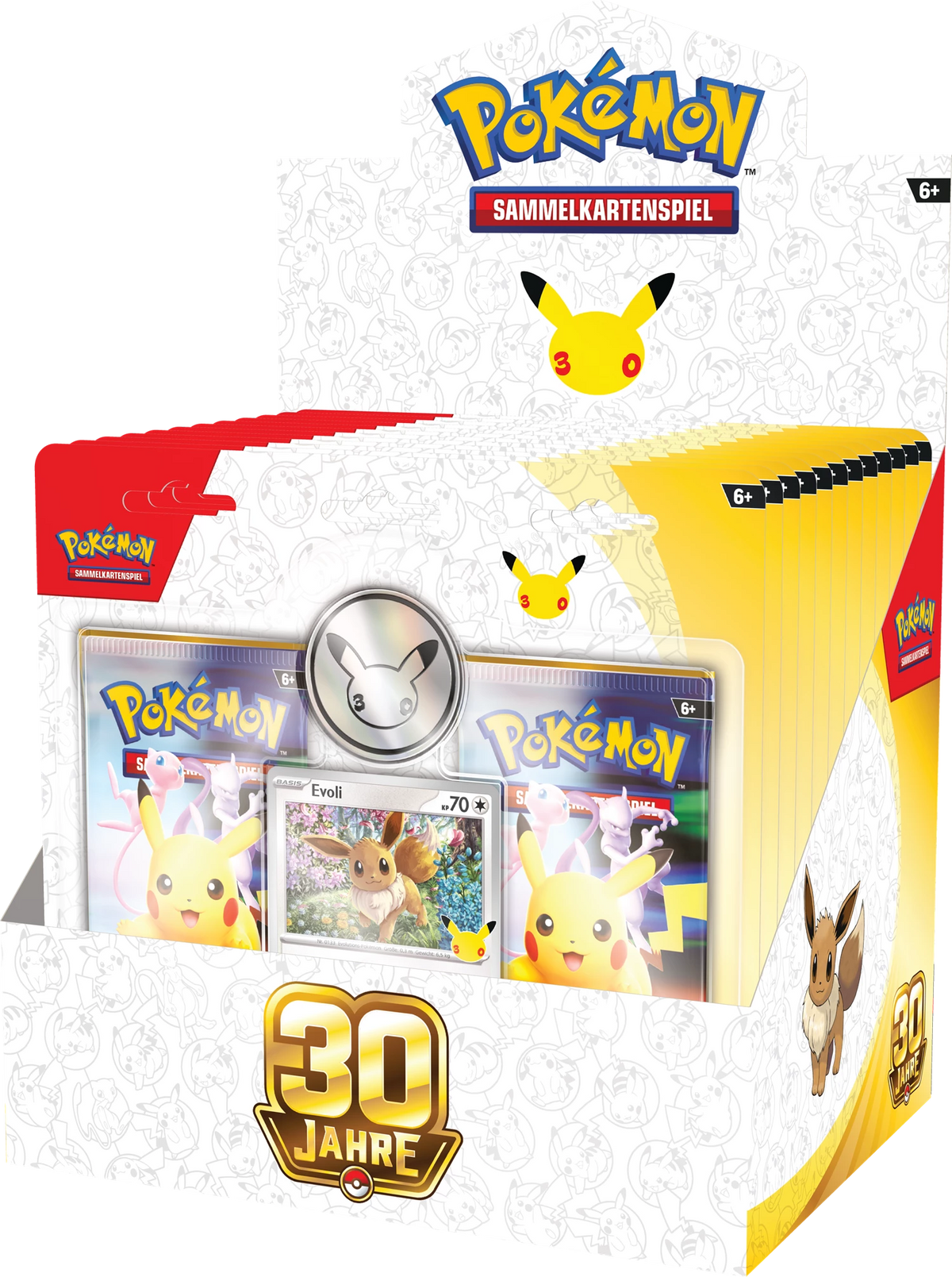 Pokémon 30-Jahre 2er-Blister, Vorderseite mit Kartenfenster und Eevee-Panels