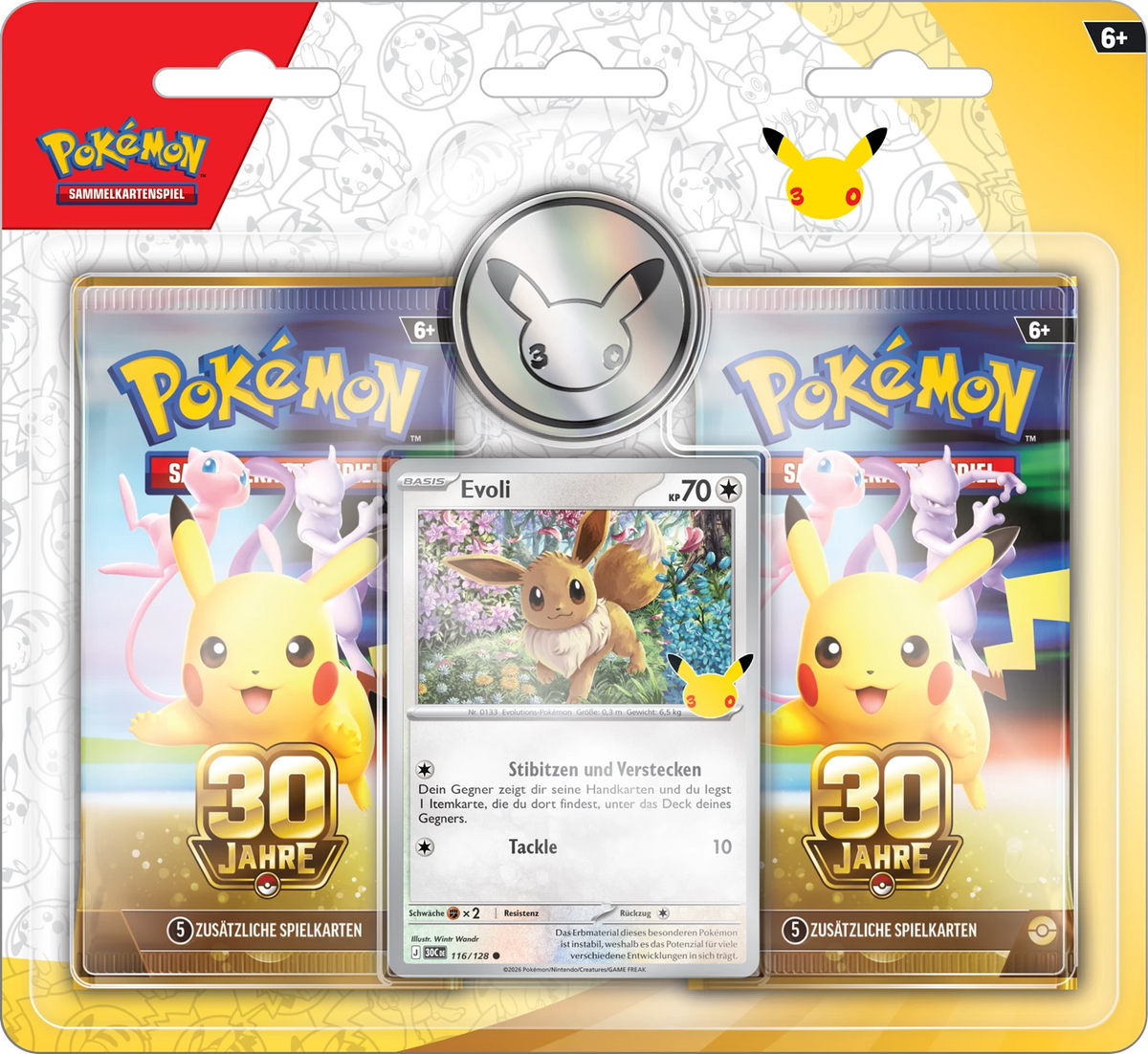 Pokémon 30-Jahre 2 Karten im Blister: Evoli in der Mitte, Pikachu links und rechts