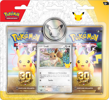 Pokémon 30-Jahre 2 Karten im Blister: Evoli in der Mitte, Pikachu links und rechts