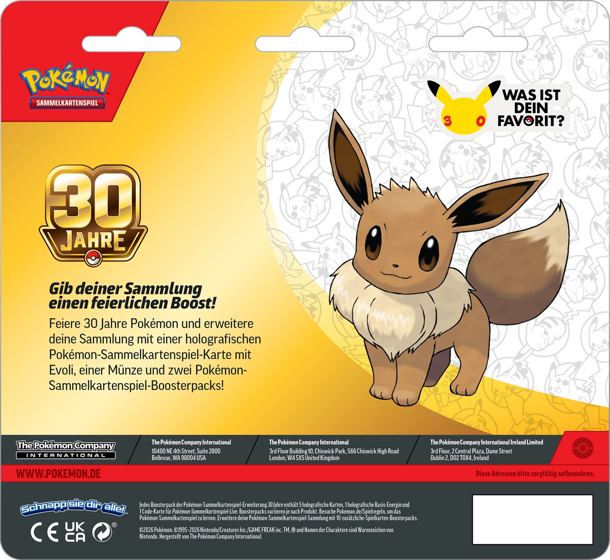 Pokémon 30-Jahre-Blisterrückseite mit Eevee-Grafik und „Was ist dein Favorit?“
