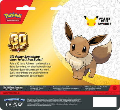 Pokémon 30-Jahre-Blisterrückseite mit Eevee-Grafik und „Was ist dein Favorit?“