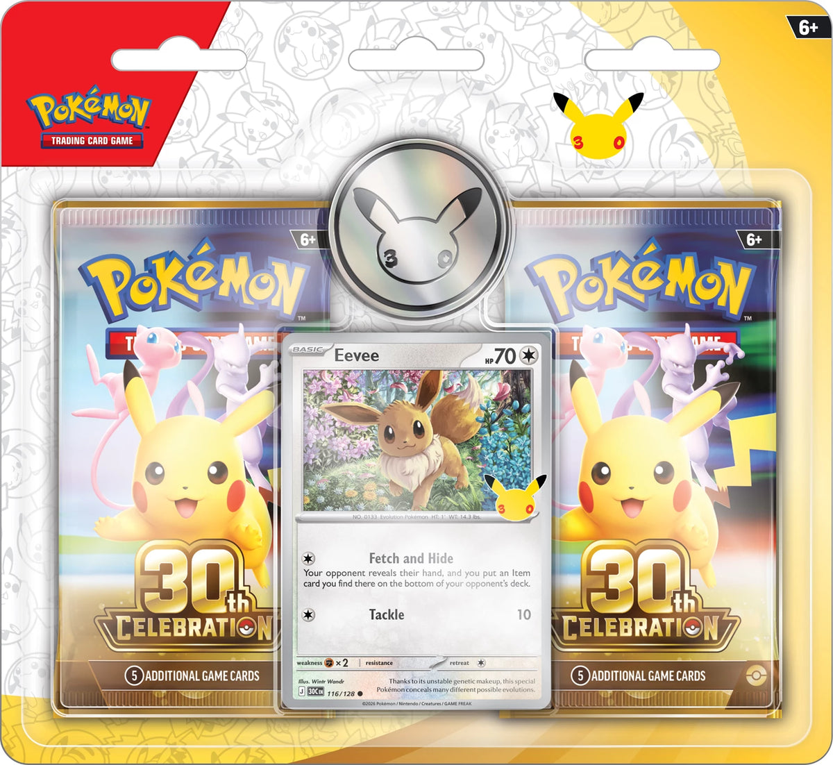 Pokémon Blister 30th Celebration mit Eevee-Zentralkarte und Pikachu-Karten