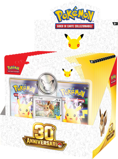 Pokémon 30. Jubiläum 2er-Karten-Blister mit Pikachu, Evoli-Kartenfenstern und 30e-Logo