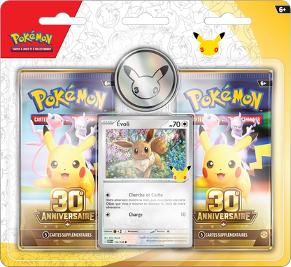 Pokémon 30. Jubiläum 2er-Karten-Blister mit Metalldeckring und Kartenfenstern mit Evoli