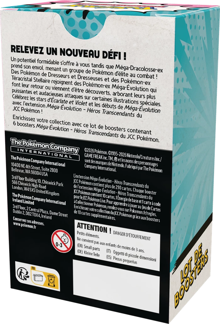 Pokémon Héros Transcendants Booster-Set, Rückseite mit Inhalts- und Sicherheitshinweisen