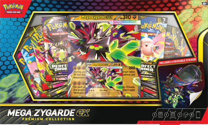 Sammelbox-Front mit Kartenfenstern, Zygarde-Ex-Logo und Sticker-Aufkleber