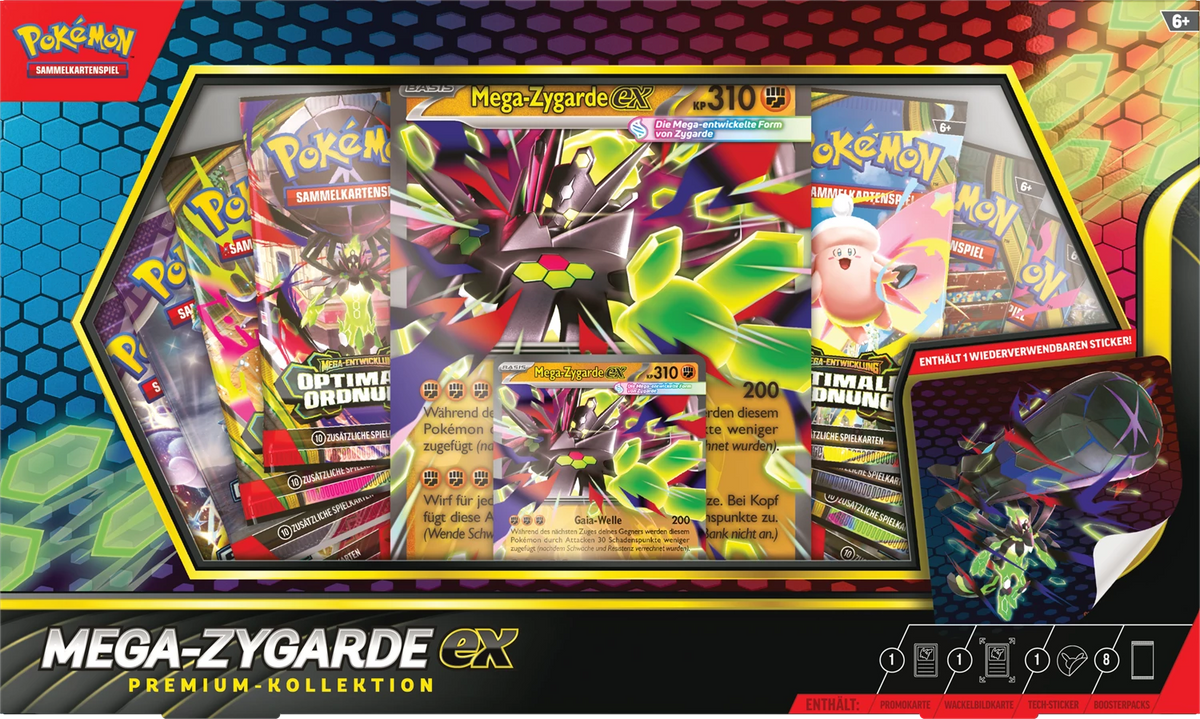 Premium-Kollektion mit Mega-Zygarde ex, Frontansicht mit farbigen Karten