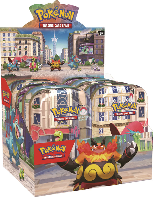 Pokémon Mini-Tin Verkaufsverpackung mit drei Seitenansichten und Motiv von Charizard