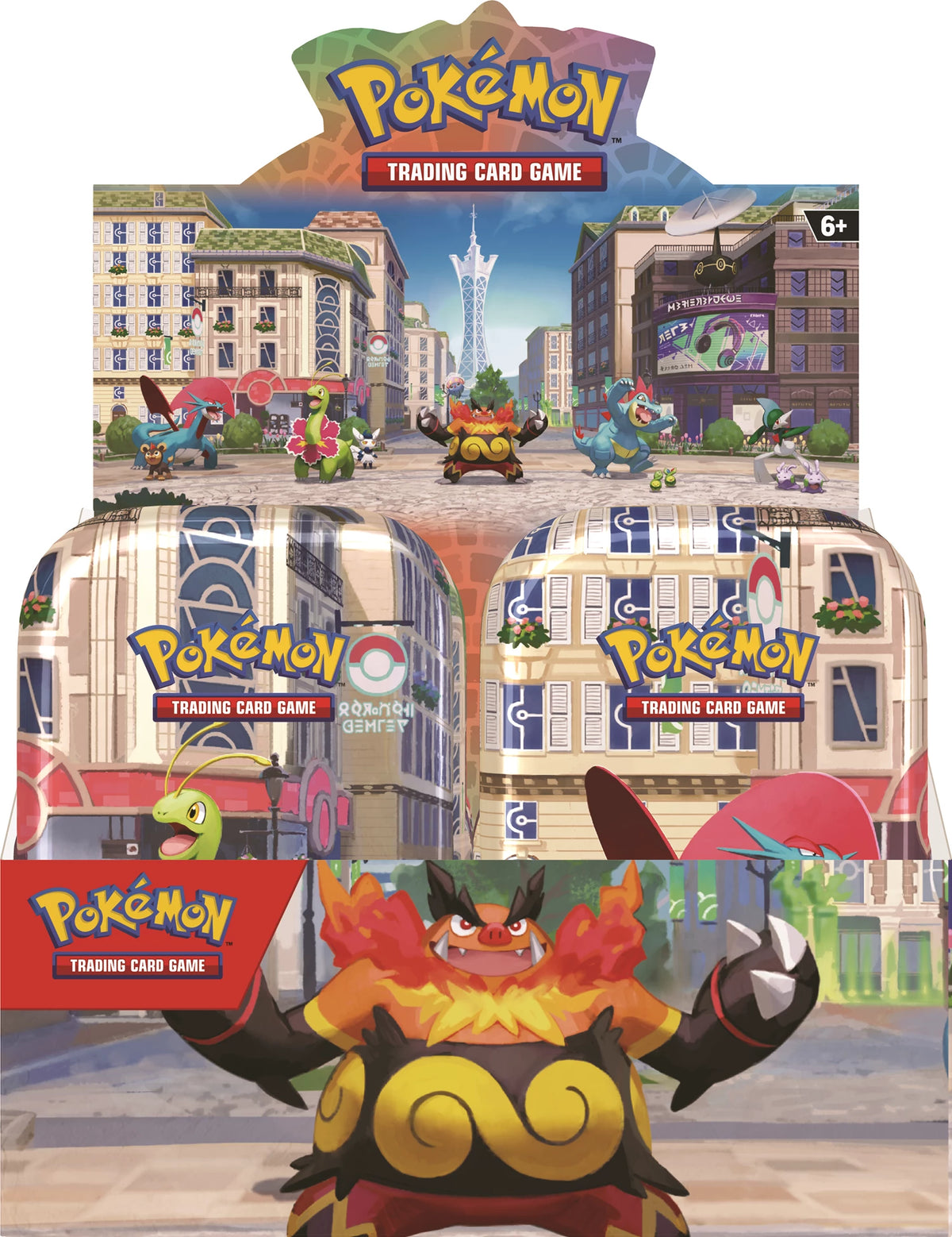 Pokémon Mini-Tin Packung mit drei Vorderseiten-Motiven und beigem Stadthintergrund