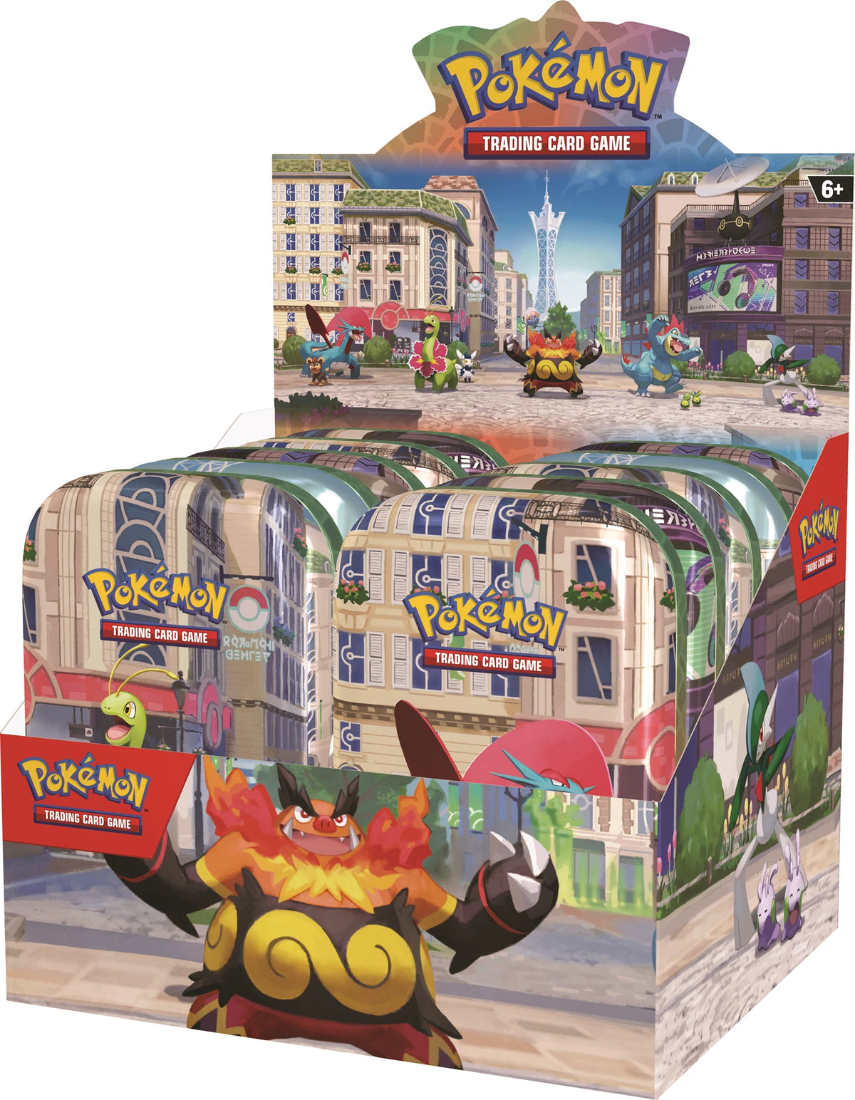 Pokémon Mini-Tin Verkaufsverpackung mit zwei Seitenansichten und Feuer-Pokémon-Motiv