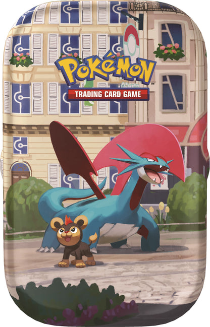 Pokémon Mini-Tin mit rotem Drachen-Pokémon und kleinem Eichhörnchen-Pokémon vorne