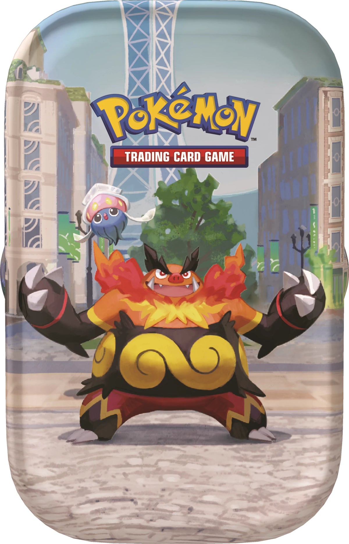 Pokémon Mini-Tin mit Feuerdämon-Pokémon und kleiner pinker Krähe im Vordergrund