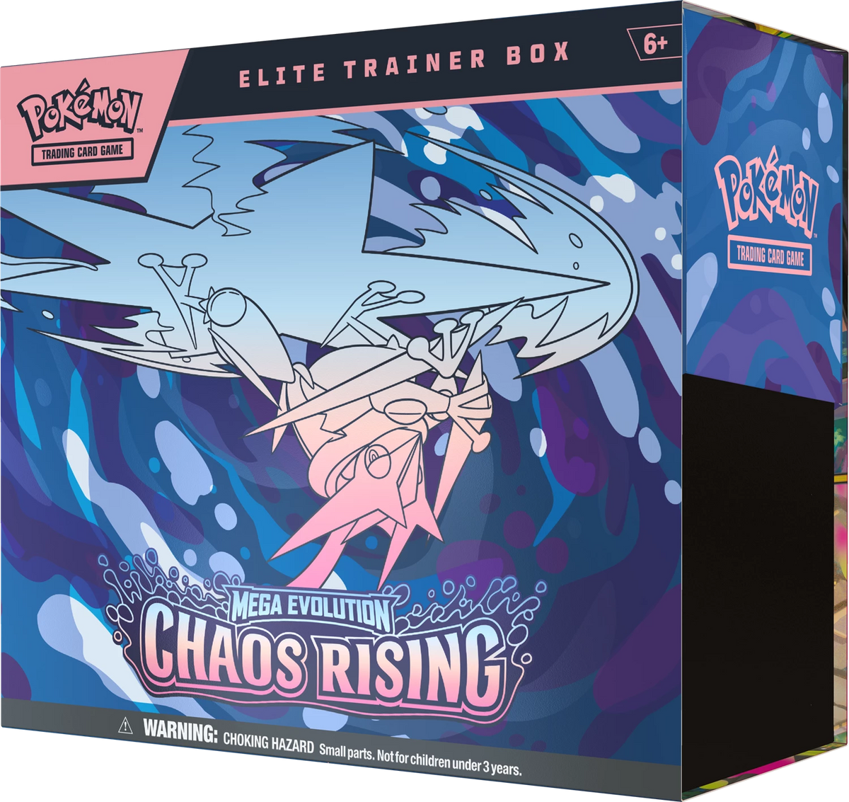 Pokémon Elite Trainer Box schrägansicht: Chaos Rising Artwork und 6+ Hinweis