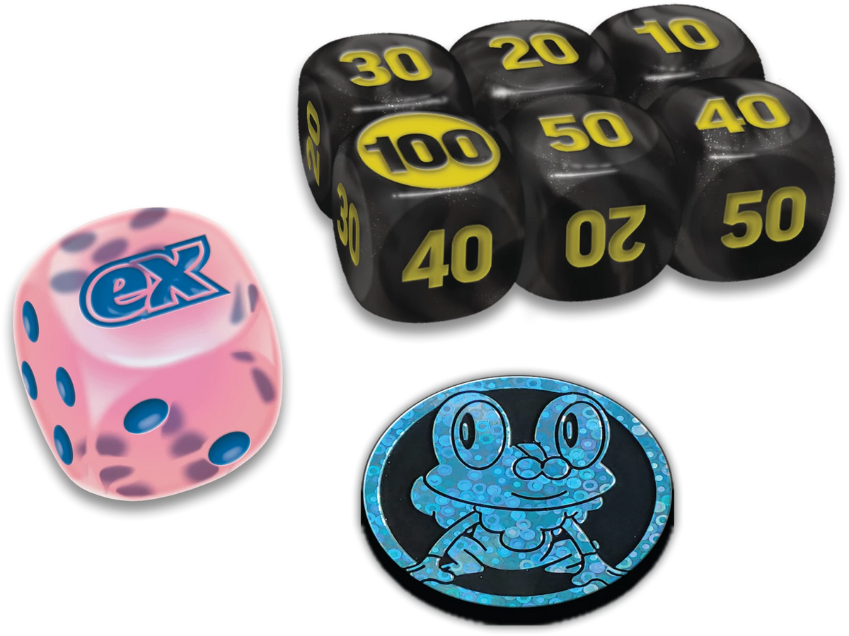 Pokémon Würfel-Set: schwarze Würfel mit Zahlen und rosa EX-Würfel
