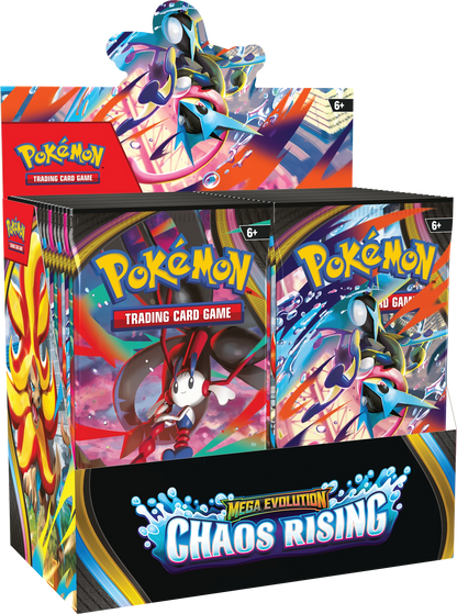 Pokémon Chaos Rising Boosterbox mit Frontmotiv und Mega Evolution Aufdruck