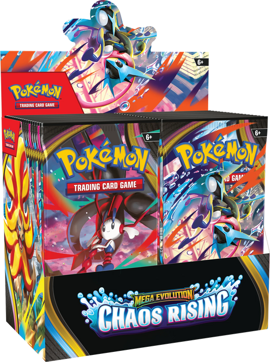 Pokémon Chaos Rising Boosterbox mit Frontmotiv und Mega Evolution Aufdruck