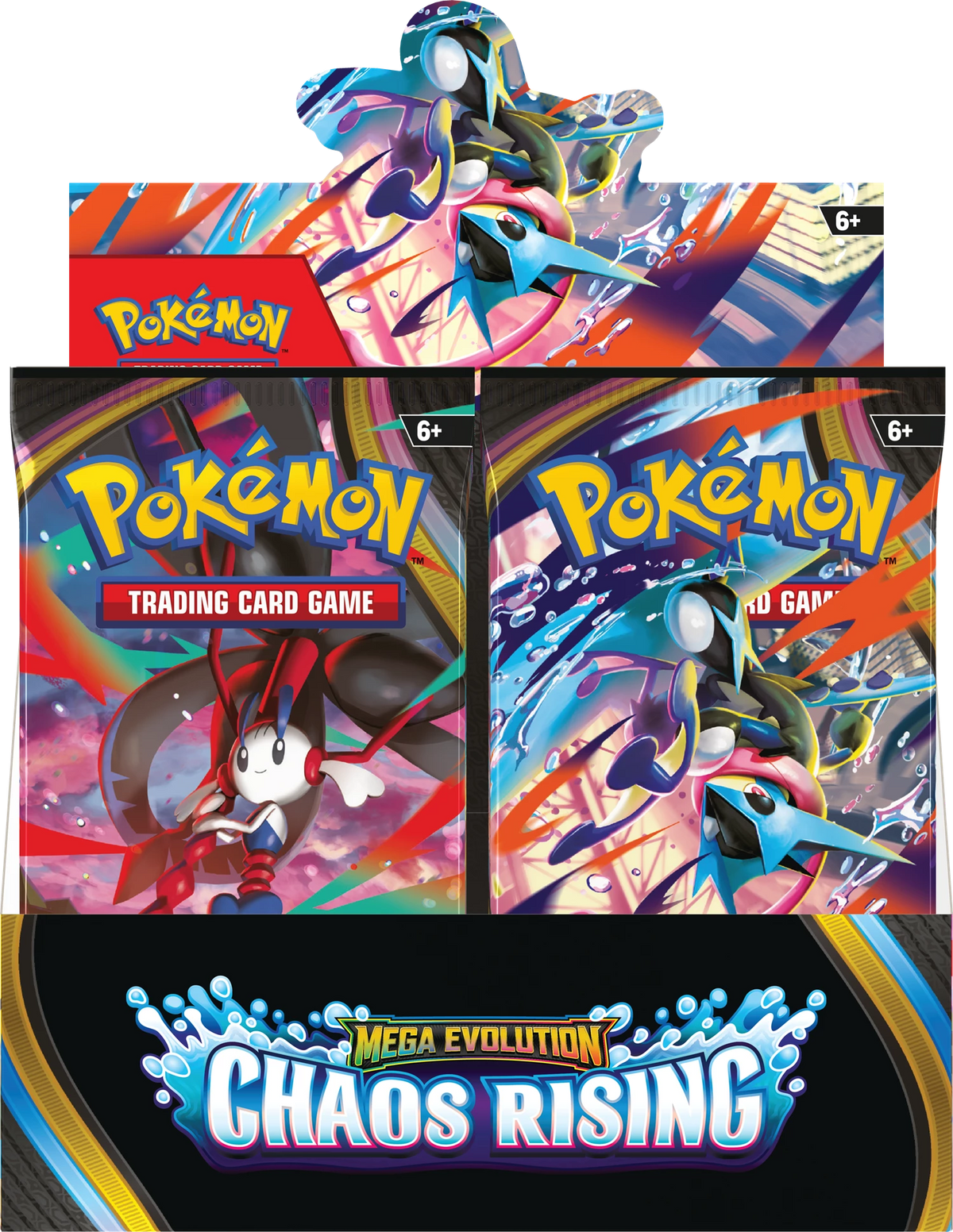 Pokémon Chaos Rising Boosterbox, Frontansicht mit Mega Evolution Chaos Rising Logo