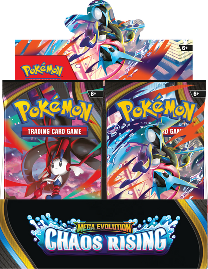 Pokémon Chaos Rising Boosterbox, Frontansicht mit Mega Evolution Chaos Rising Logo