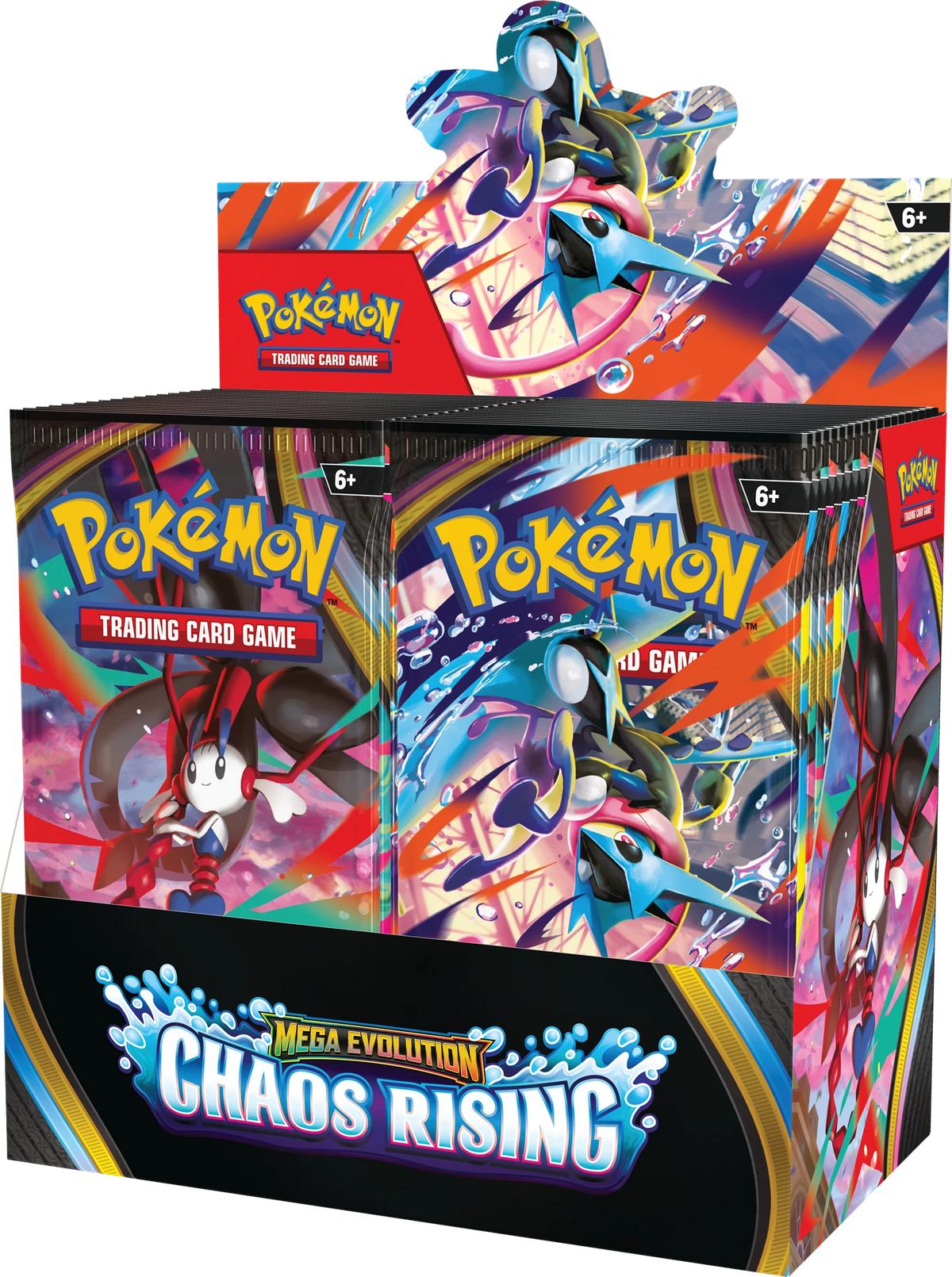 Pokémon Chaos Rising Boosterbox im Set-Look, Vorder- und Seitenflächen mit Motiv