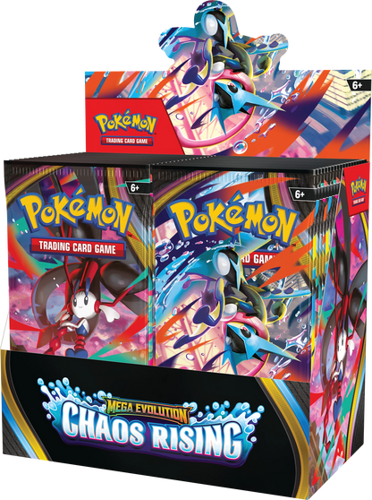 Pokémon Chaos Rising Boosterbox im Set-Look, Vorder- und Seitenflächen mit Motiv