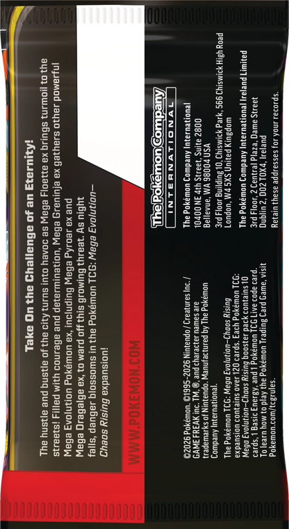 Pokémon Chaos Rising Boosterbox Rückseite mit Textabschnitt und Produktinformationen