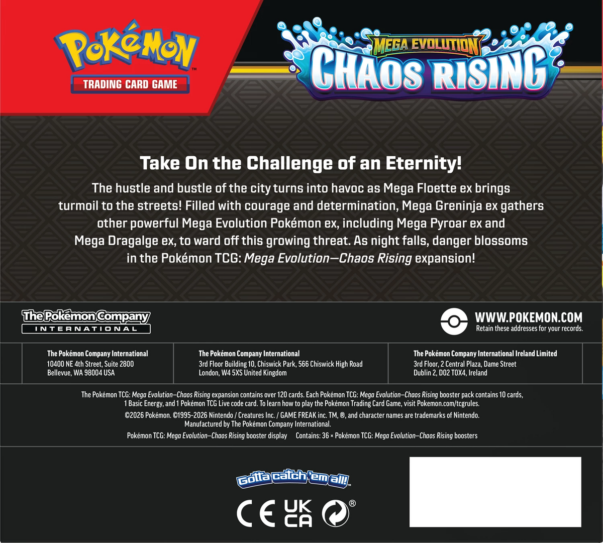 Pokémon Chaos Rising Boosterbox Rückseite mit Sicherheitslogos und Icons