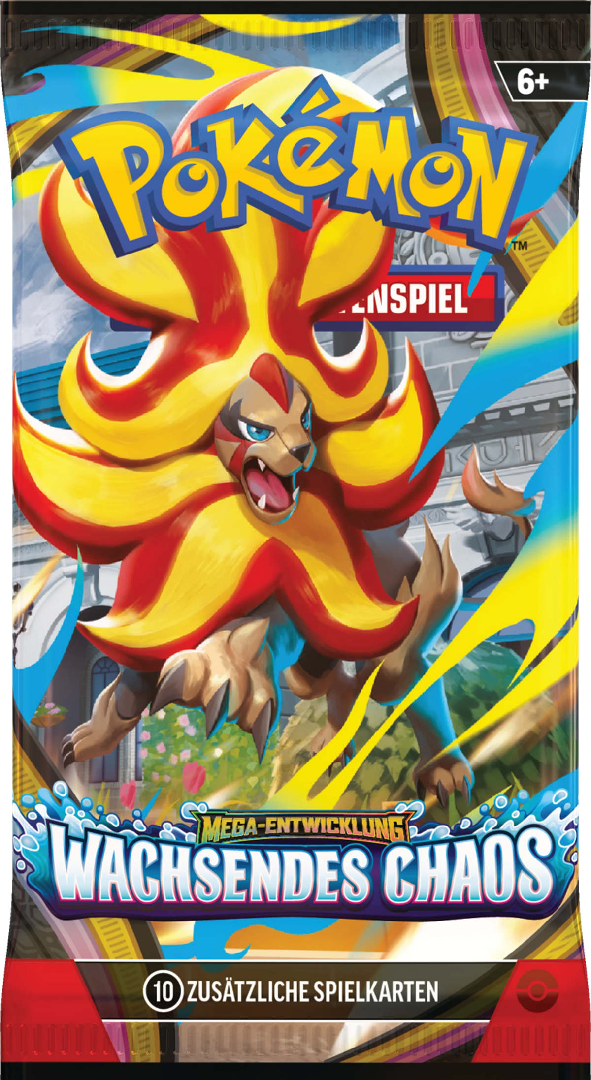 Pokémon-Boosterpack mit flammendem Pokémon-Motiv, „Wachsendes Chaos“, 10 Zusatzkarten, 6+