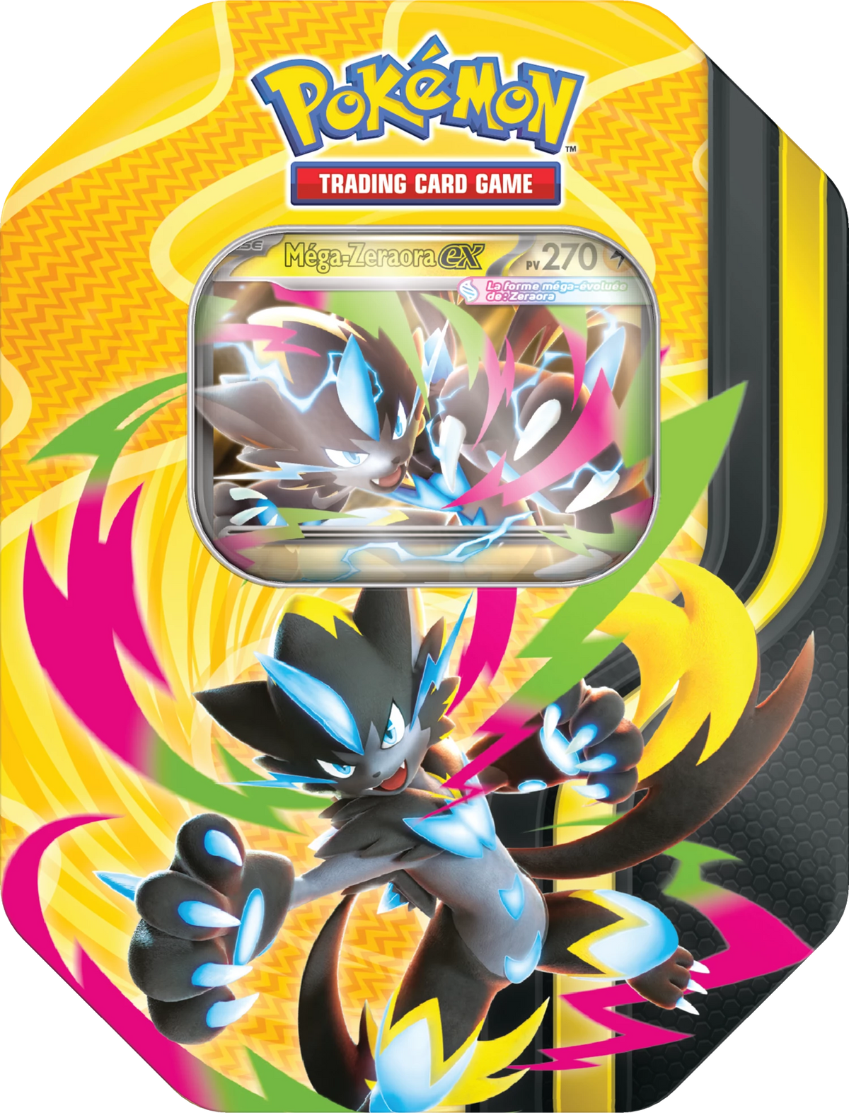 Pokémon-Kartenspieldose mit Mega-Zeraora-EX-Illustration auf der Vorderseite
