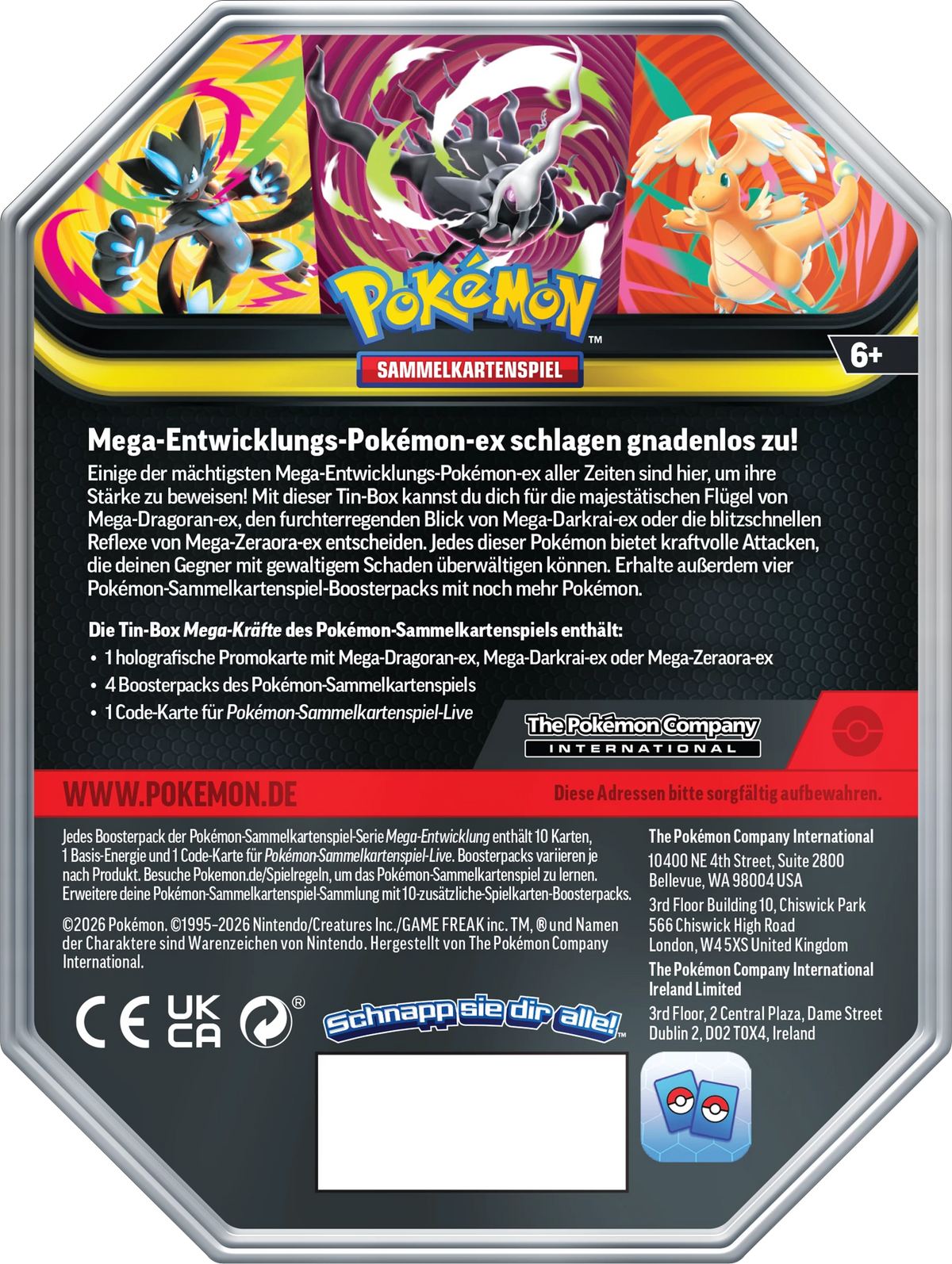 Pokémon Mega-Forces ex Tin Rückseite mit Produktinformationen und Kartenhinweisen