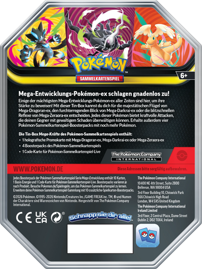 Pokémon Mega-Forces ex Tin Rückseite mit Produktinformationen und Kartenhinweisen