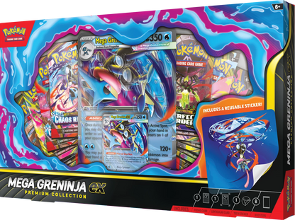 Pokémon Premium Collection Packung mit Mega Greninja ex Kartenmotiv im Fenster und Stickergrafik