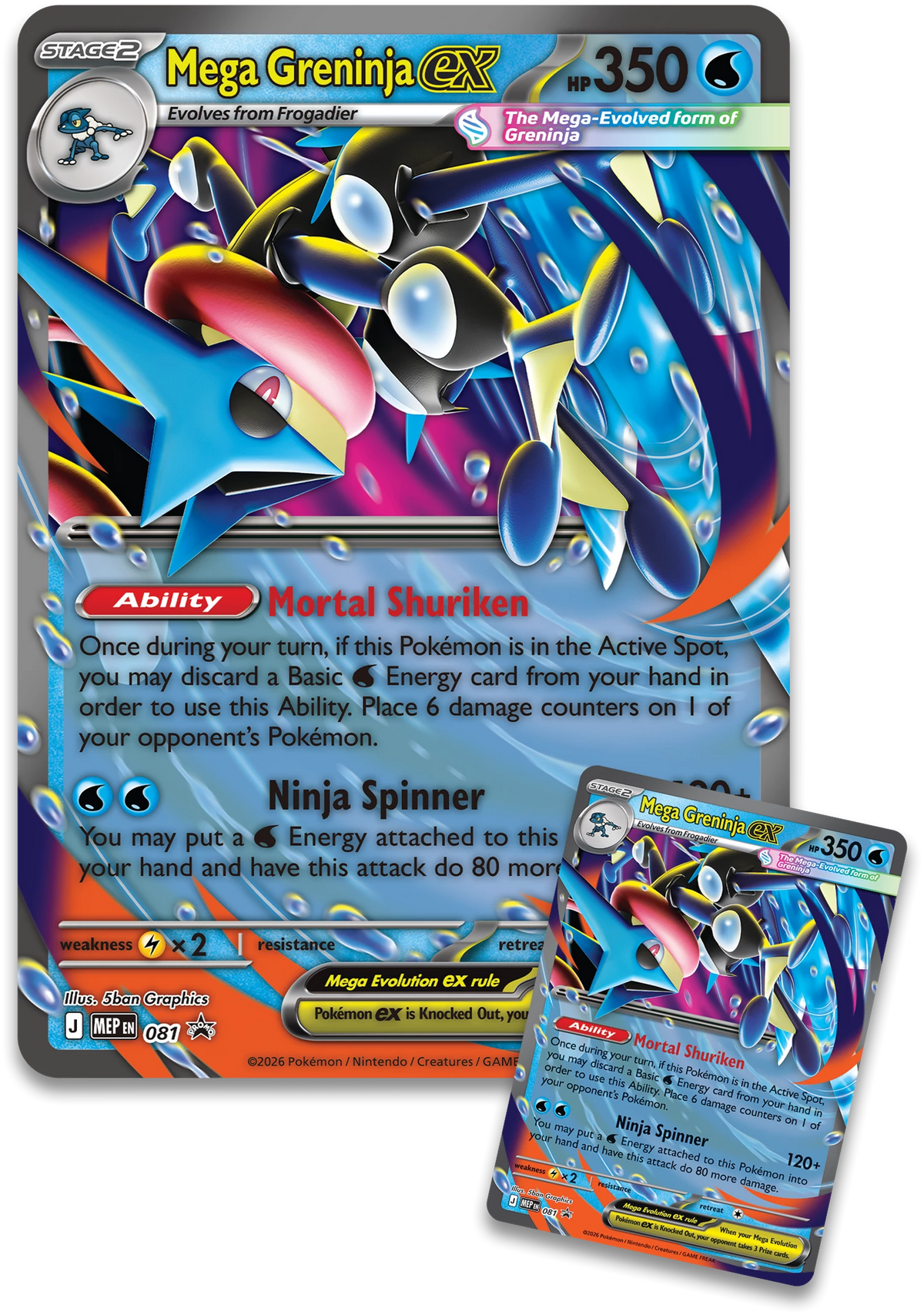 Pokémon Karte „Mega Greninja ex“ mit Ninja-Motiv, 350 KP und Fähigkeitsbeschreibung
