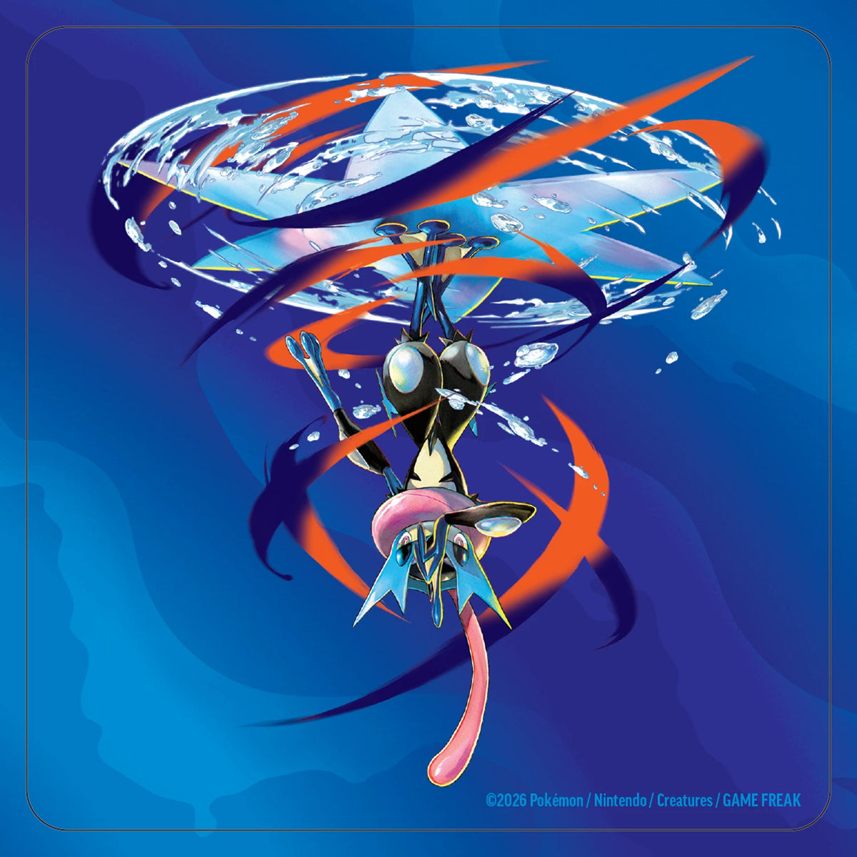 Mega Greninja ex Stickergrafik mit blauem Hintergrund und orangefarbenen Energiebahnen