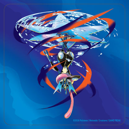 Mega Greninja ex Stickergrafik mit blauem Hintergrund und orangefarbenen Energiebahnen
