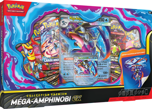 Pokémon Premium-Collection-Schachtel mit Mega-Amphinobi ex Illustration und Kartendesign