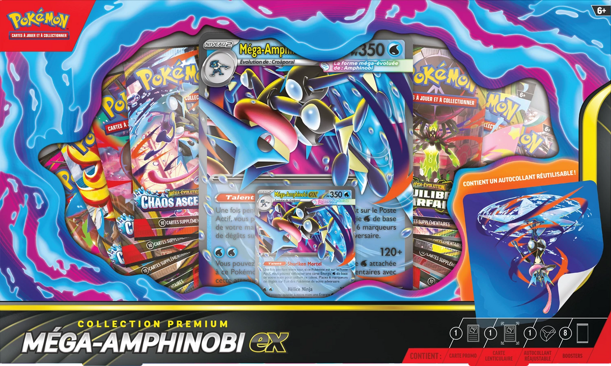 Pokémon Premium-Collection-Schachtel mit Mega-Amphinobi ex, Kartonfenster und Kartenmotiv