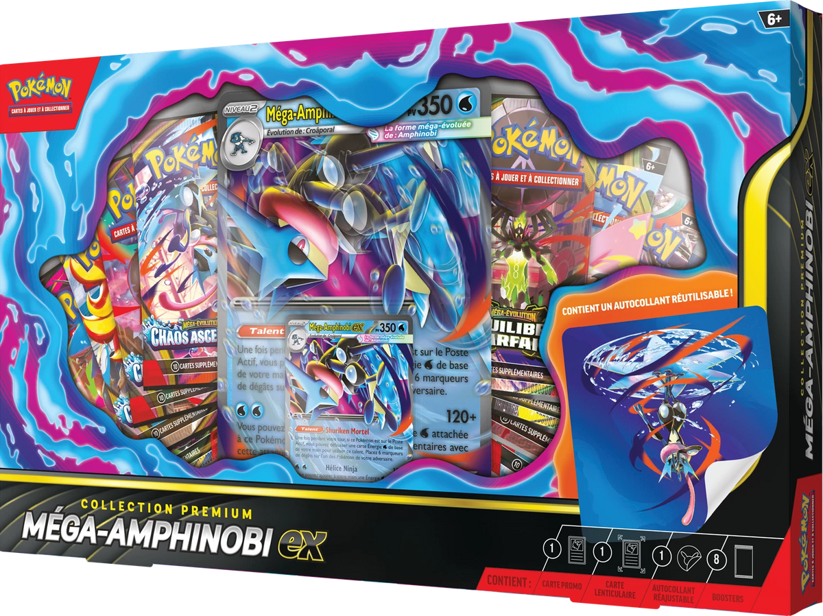 Pokémon Premium-Collection-Schachtel mit Mega-Amphinobi ex Front und blauer Flutgrafik