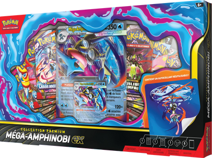Pokémon Premium-Collection-Schachtel mit Mega-Amphinobi ex Front und blauer Flutgrafik