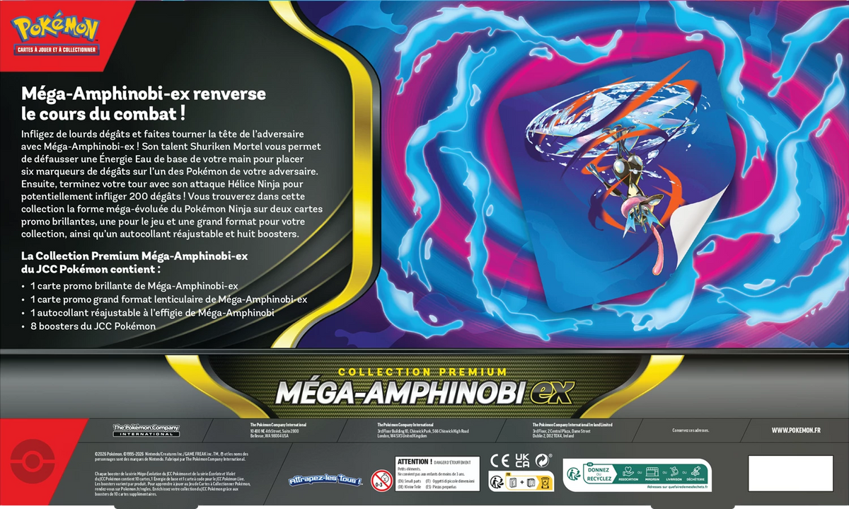 Pokémon Premium-Collection-Schachtel Rückseite mit Textfeld und Mega-Amphinobi ex Grafik