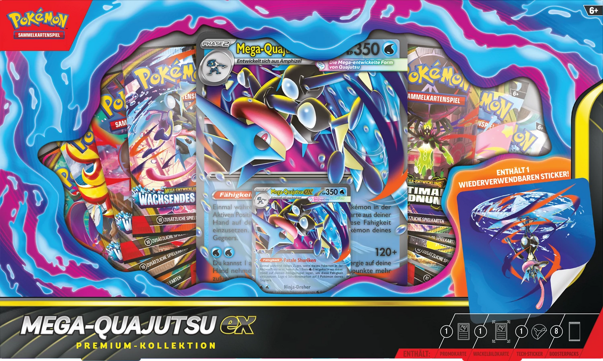 Pokémon Mega-Quajutsu ex Premium-Kollektion, Vorderseite mit Karten und Aufkleber-Panel