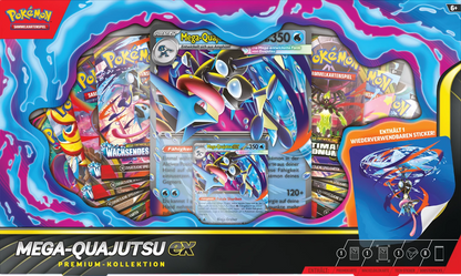 Pokémon Mega-Quajutsu ex Premium-Kollektion, Vorderseite mit Karten und Aufkleber-Panel