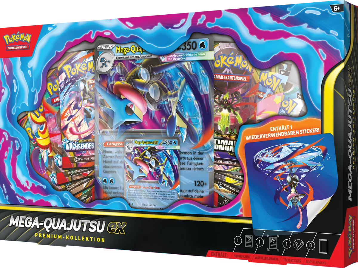 Pokémon Mega-Quajutsu ex Premium-Kollektion, Rückseite mit Illustration und Stickerfeld
