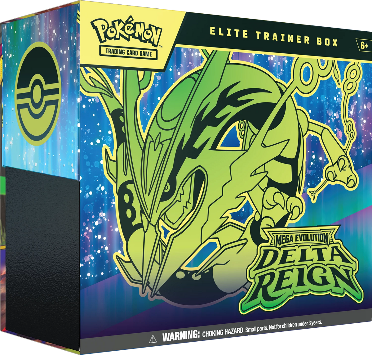 Pokémon Delta Reign Elite Trainerbox in 3D-Ansicht mit grün-blauem Delta-Reign Motiv
