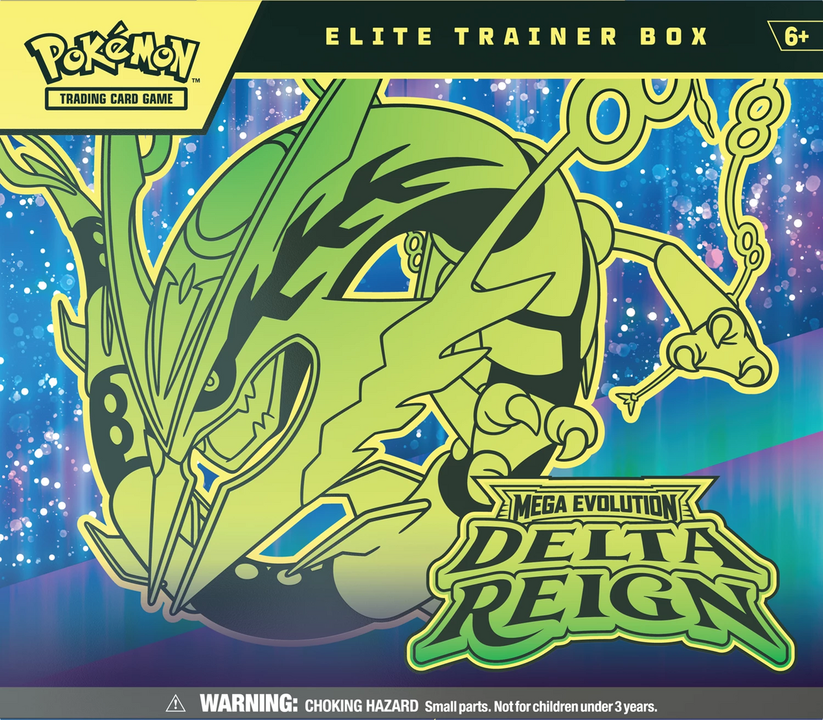 Pokémon Delta Reign Elite Trainerbox, Nahansicht des grünen Mega-Evolution-Delta-Reign Designs