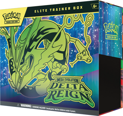 Pokémon Delta Reign Elite Trainerbox mit grünem Delta-Reign-Motiv und Mega-Evolution-Logo
