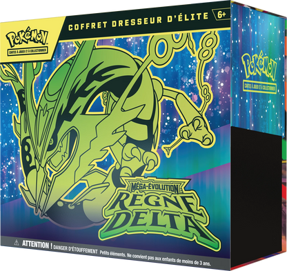 Pokémon Elite Trainer-Box mit blauem Hintergrund und grünem „Reign Delta“ Logo