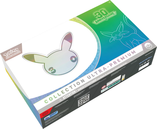 Pokémon Ultra-Premium Collection-Box mit Espeon ex Logo und 30. Jubiläum, Rückansicht