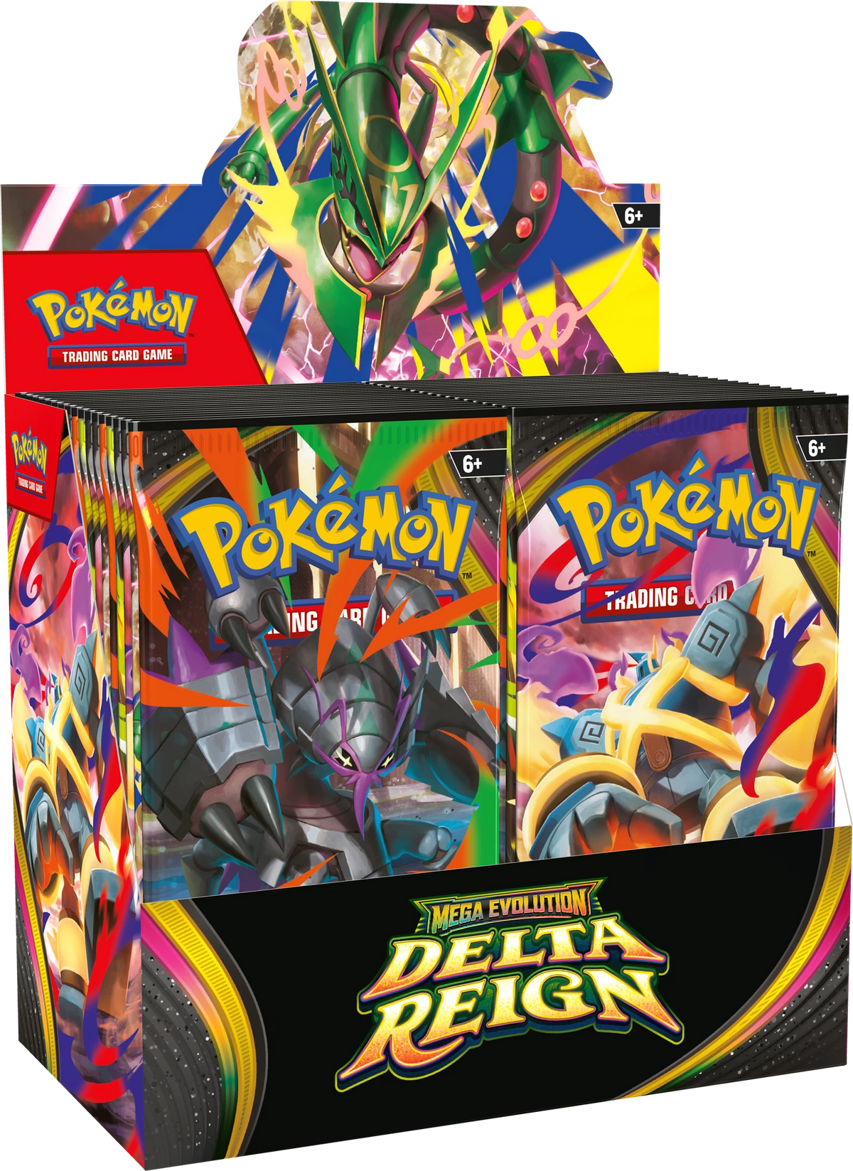 Pokémon Booster-Display „Delta Reign“ mit vier Boosterpacks und Mega Evolution-Logo.